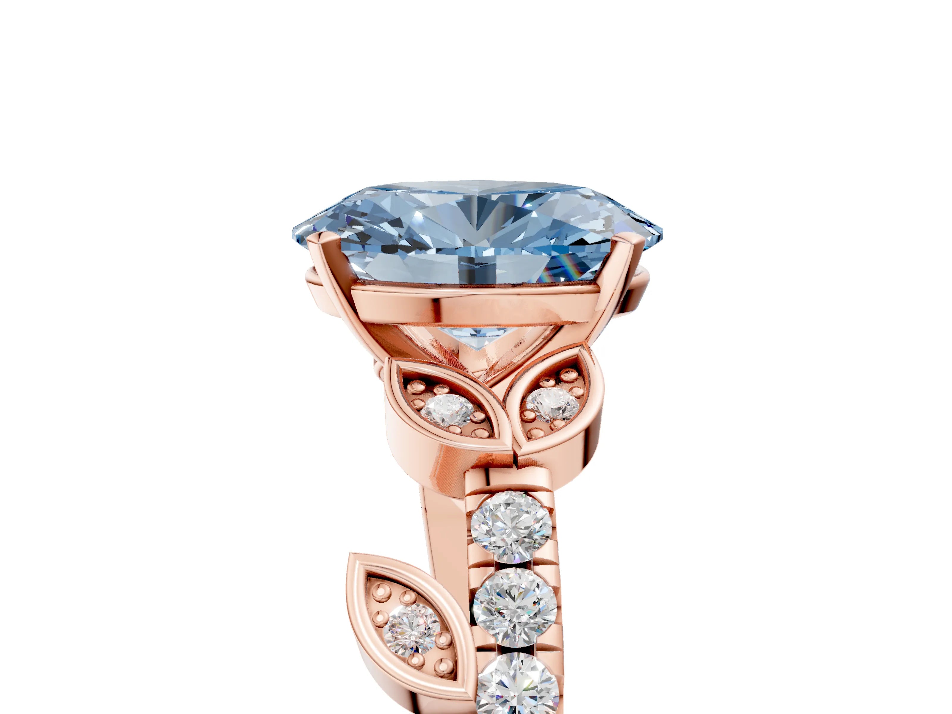Rose gold Fancy Blue Oval Cut Solitaire Leaf-Inspired Diamond Ring with Pavé Band and Four-Prong Setting_5