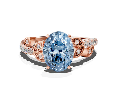 Rose gold Fancy Blue Oval Cut Solitaire Leaf-Inspired Diamond Ring with Pavé Band and Four-Prong Setting