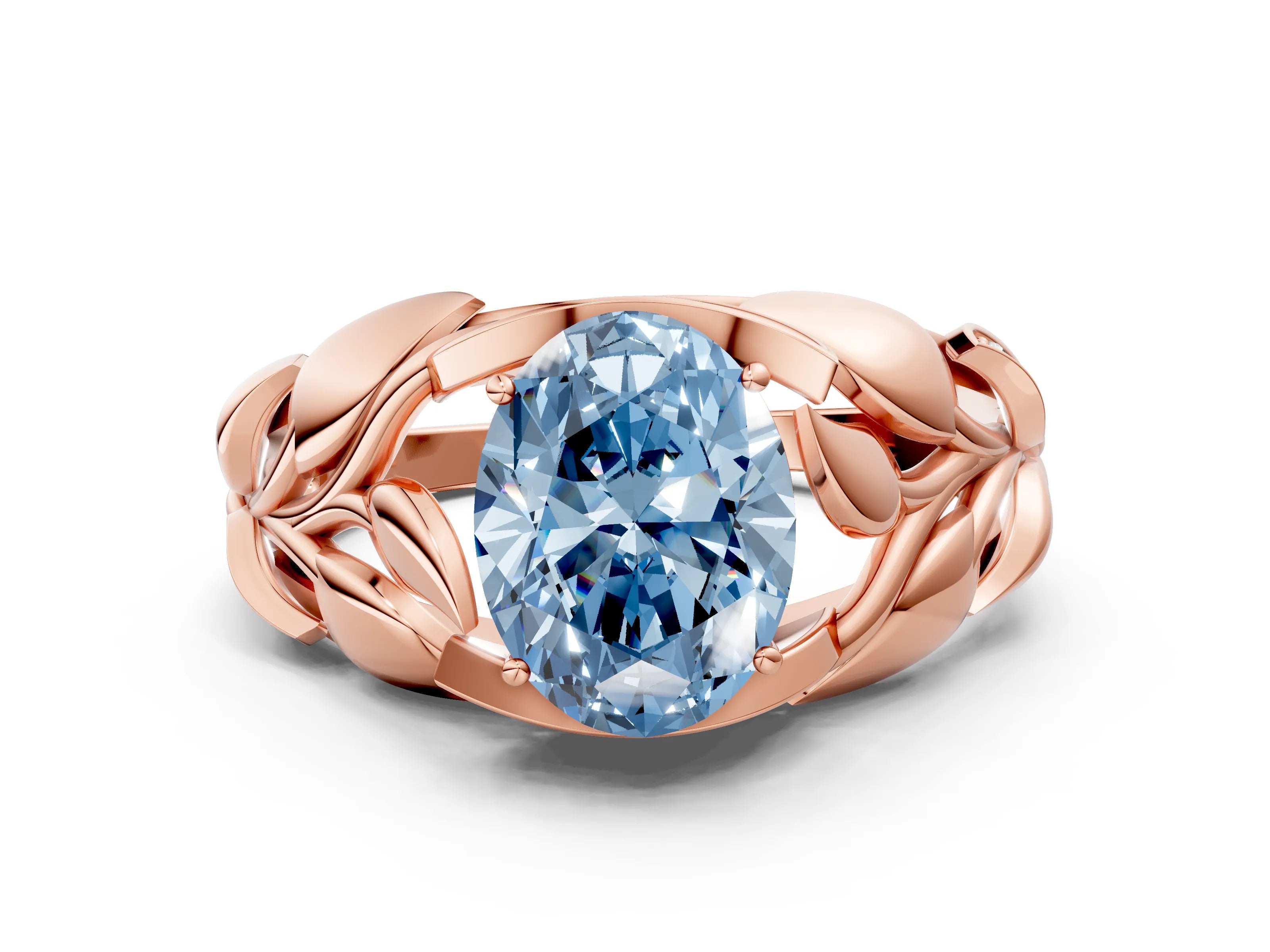 Rose gold Fancy Blue Oval Cut Solitaire Leaf-Inspired Engagement Ring with Prong Setting