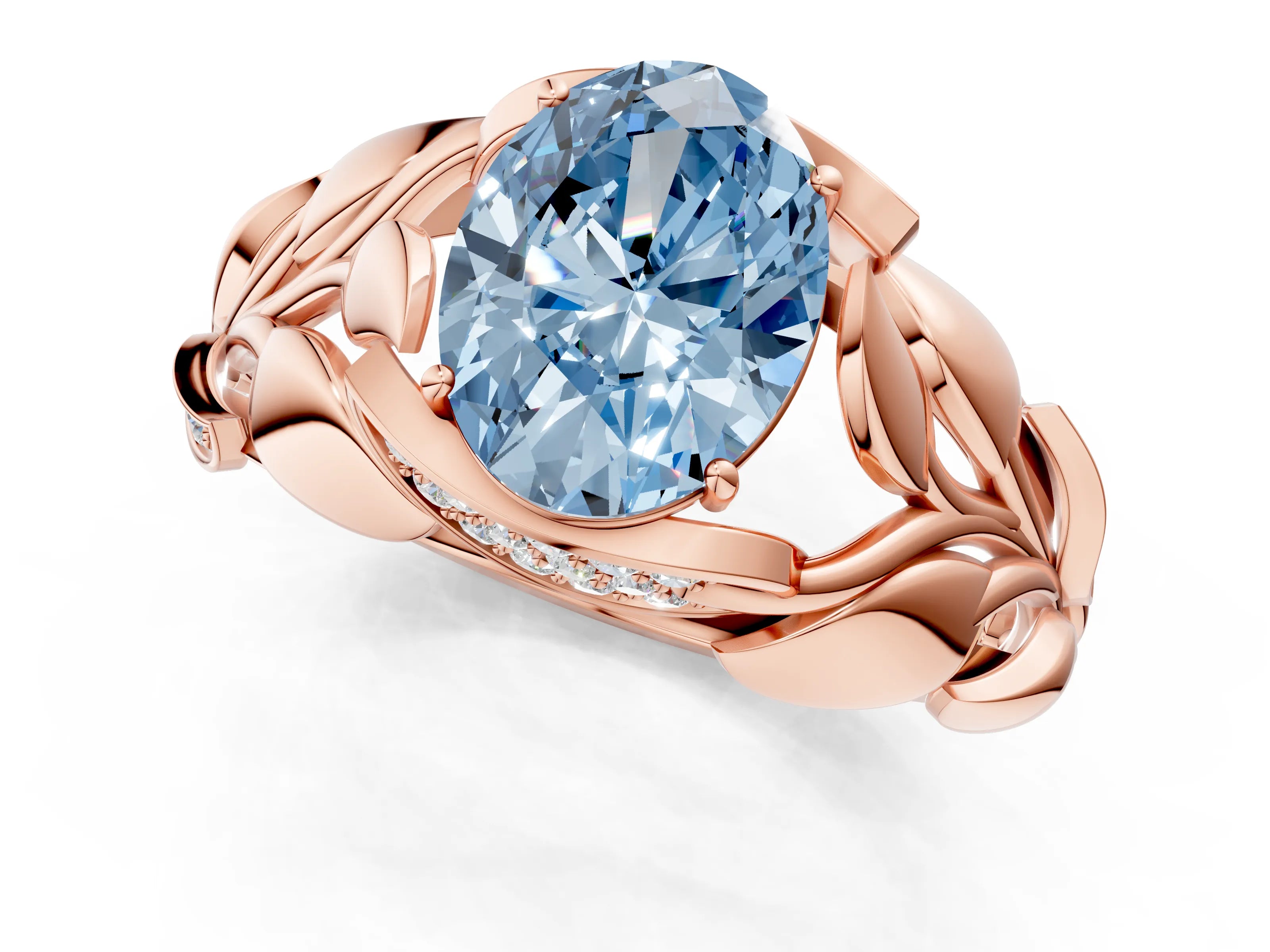 Rose gold Fancy Blue Oval Cut Solitaire Leaf-Inspired Engagement Ring with Prong Setting_1