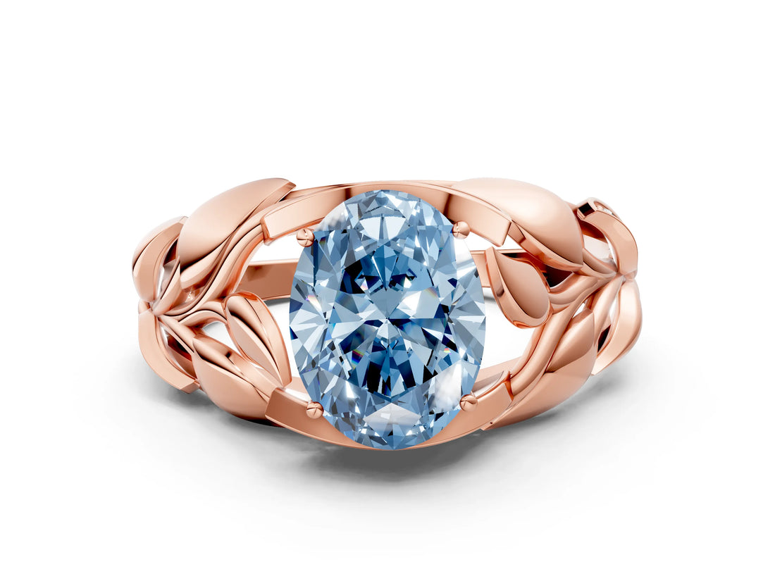 Rose gold Fancy Blue Oval Cut Solitaire Leaf-Inspired Engagement Ring with Prong Setting_12