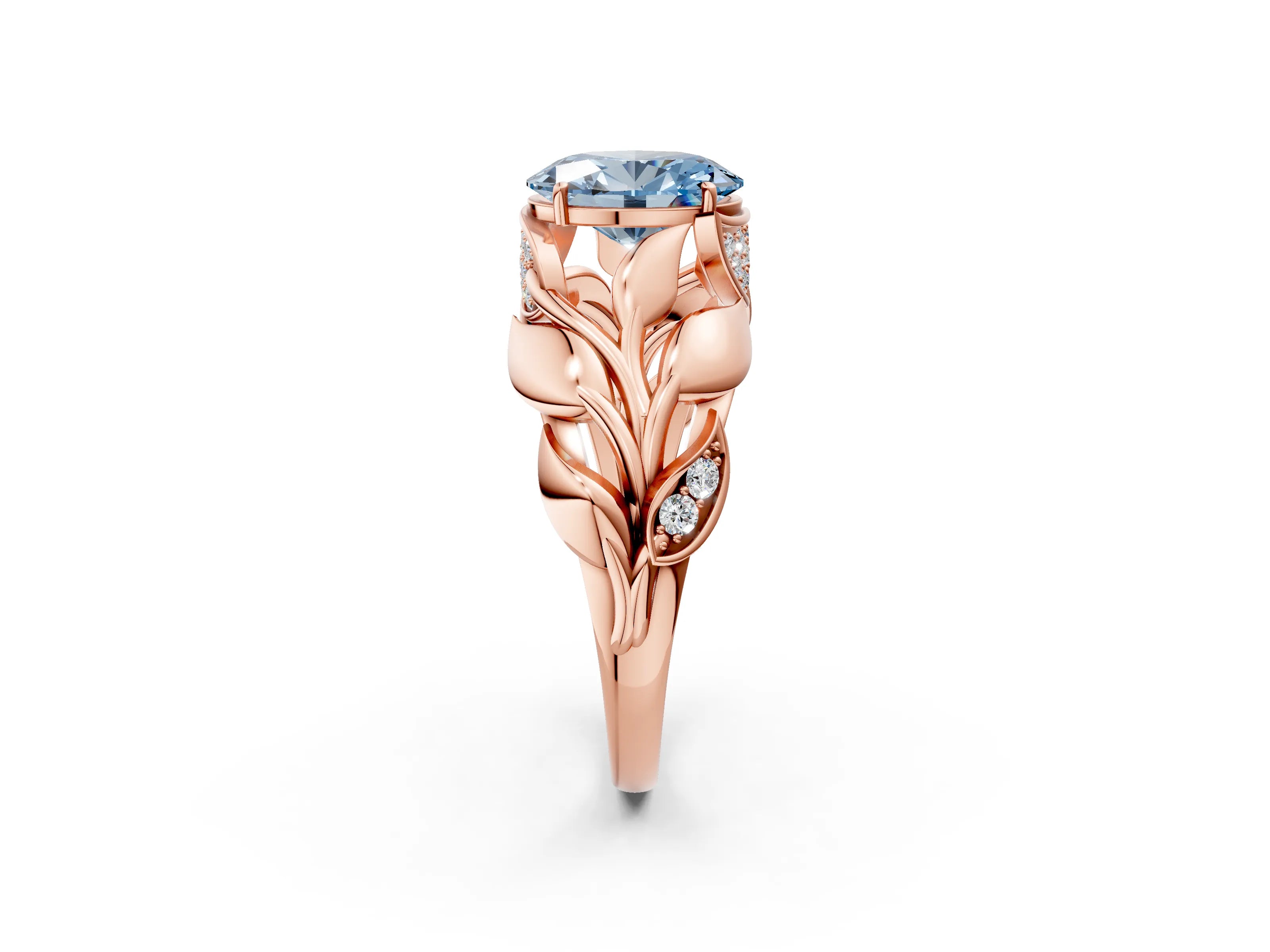 Rose gold Fancy Blue Oval Cut Solitaire Leaf-Inspired Engagement Ring with Prong Setting_2