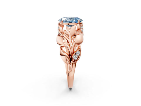 Rose gold Fancy Blue Oval Cut Solitaire Leaf-Inspired Engagement Ring with Prong Setting_2