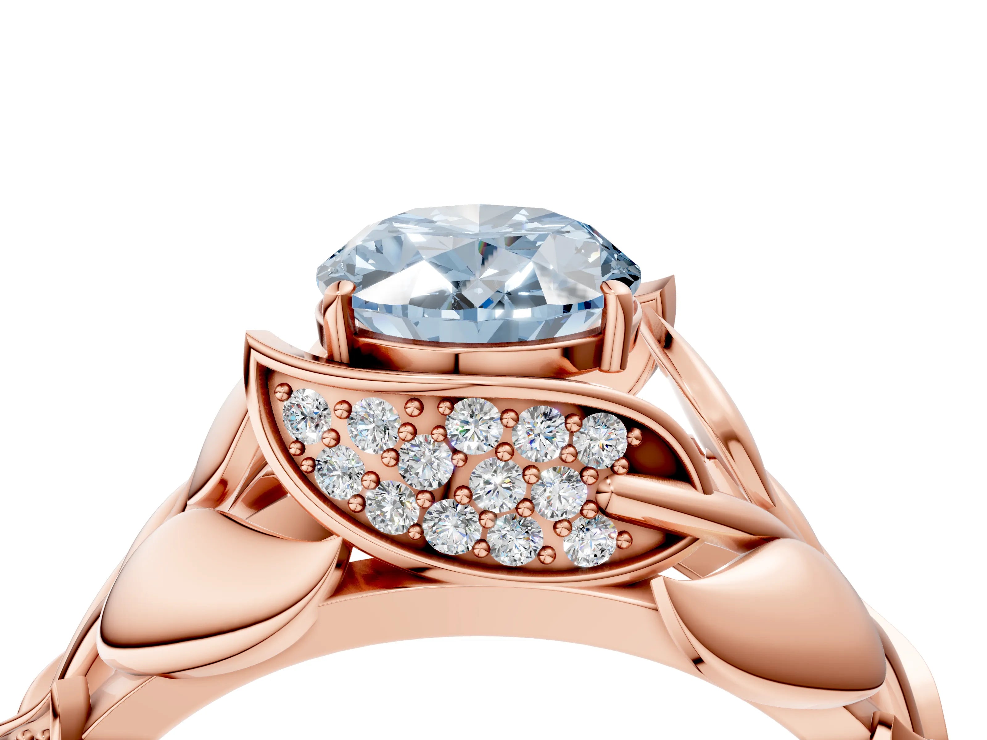Rose gold Fancy Blue Oval Cut Solitaire Leaf-Inspired Engagement Ring with Prong Setting_4