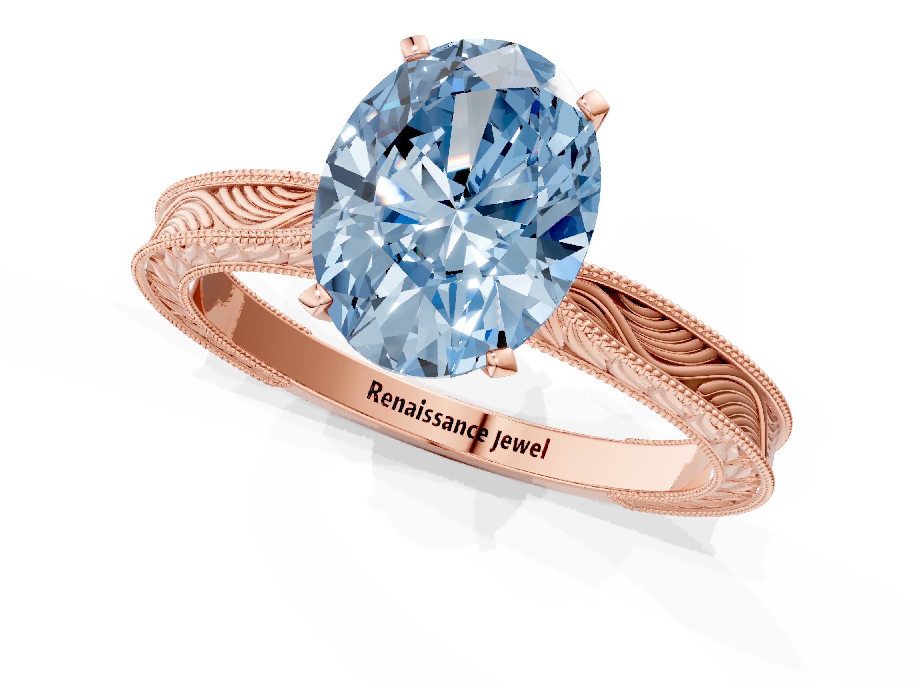 Rose gold Fancy Blue Oval Cut Solitaire Milgrain Engraved Band with Four-Prong Setting_1