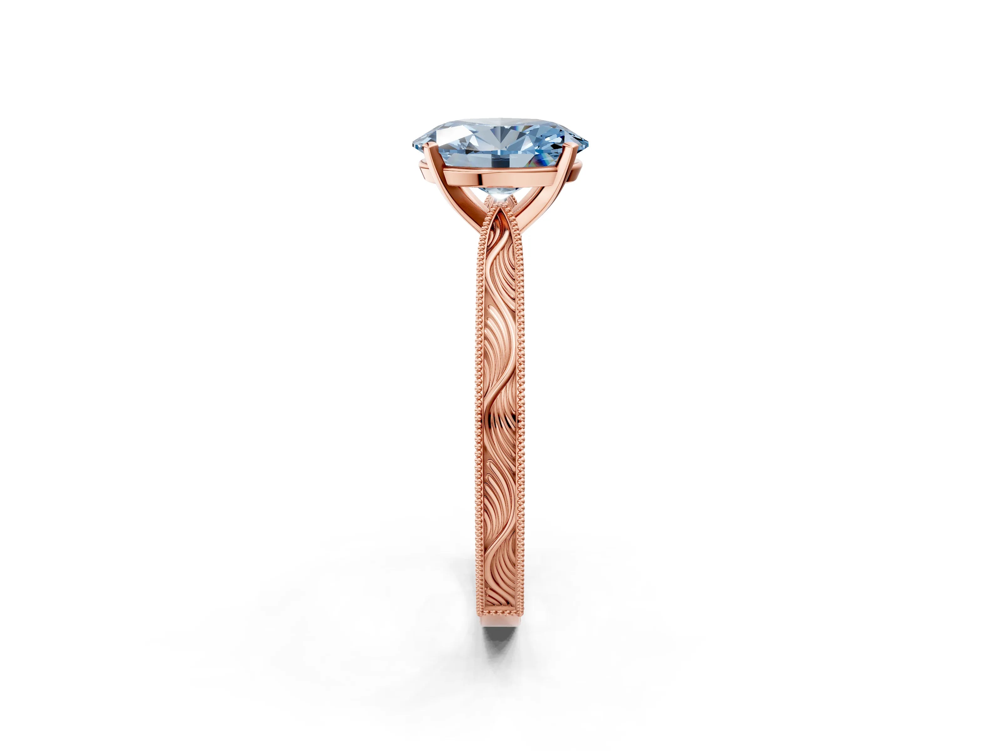 Rose gold Fancy Blue Oval Cut Solitaire Milgrain Engraved Band with Four-Prong Setting_2