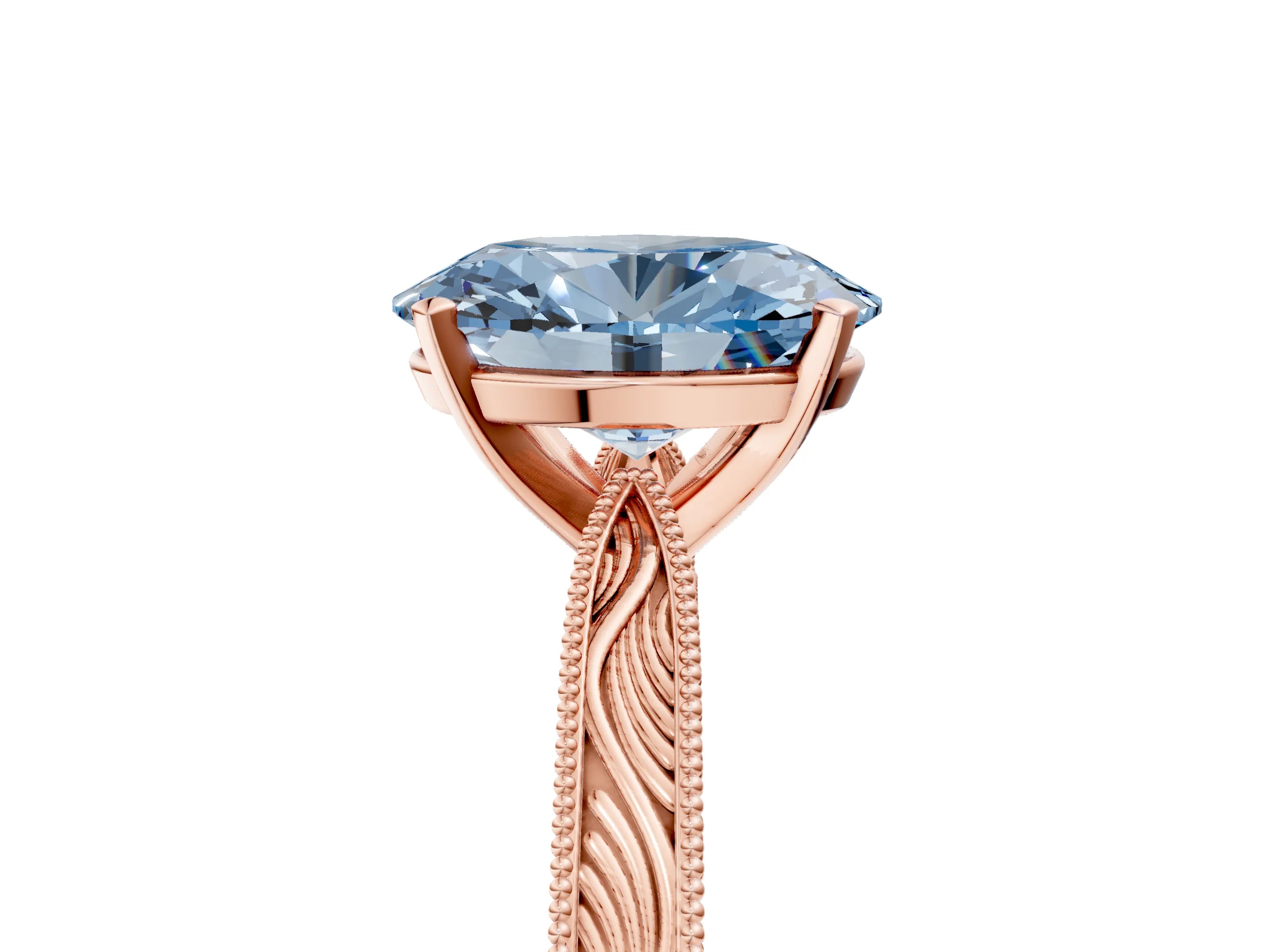Rose gold Fancy Blue Oval Cut Solitaire Milgrain Engraved Band with Four-Prong Setting_5