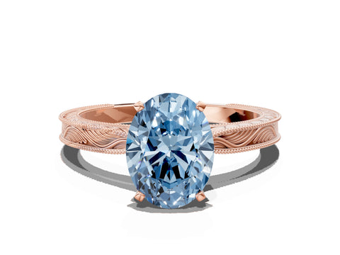 Rose gold Fancy Blue Oval Cut Solitaire Milgrain Engraved Band with Four-Prong Setting
