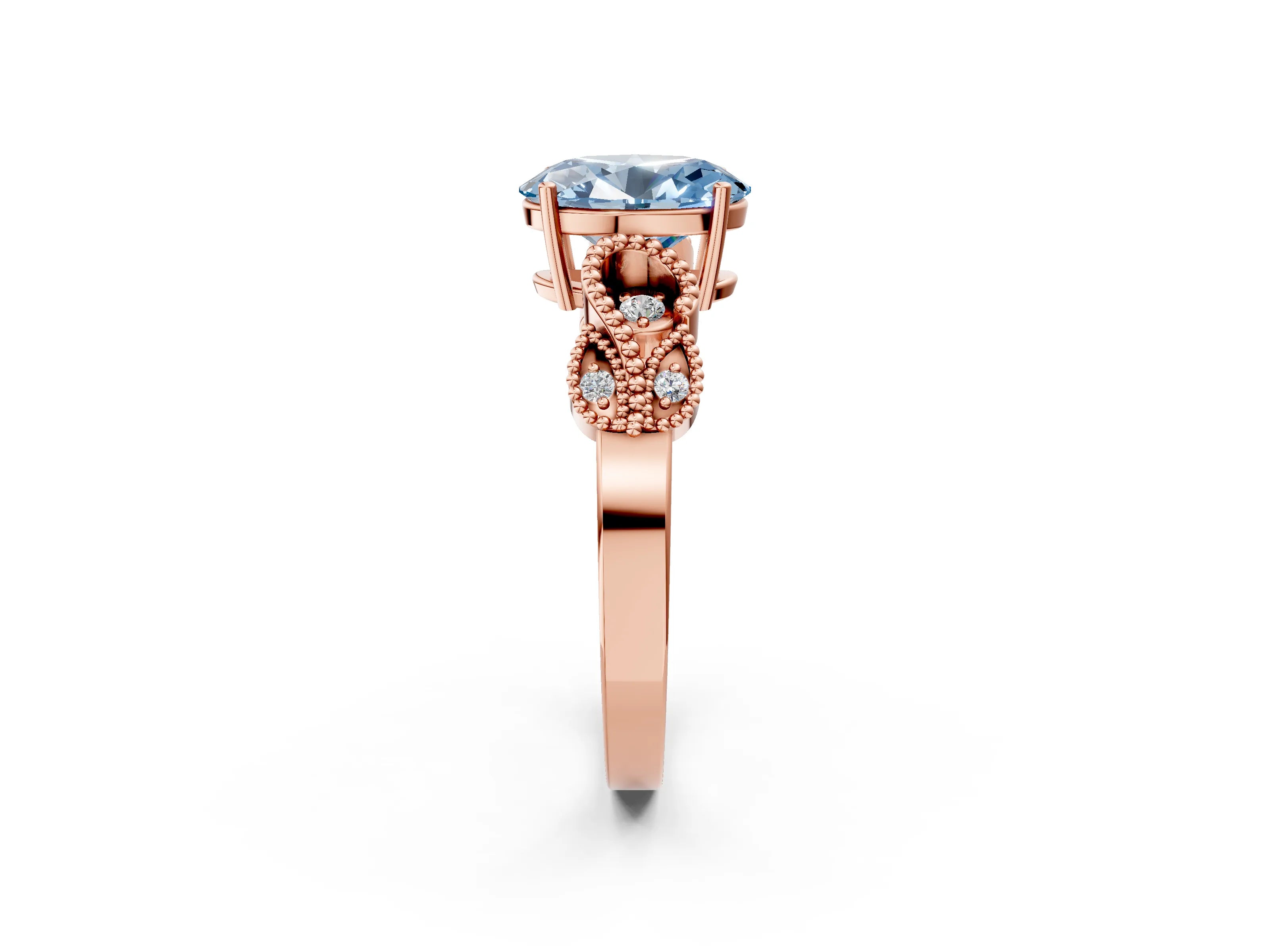 Rose gold Fancy Blue Oval Cut Solitaire Milgrain Leaf Band with Prong Setting_2