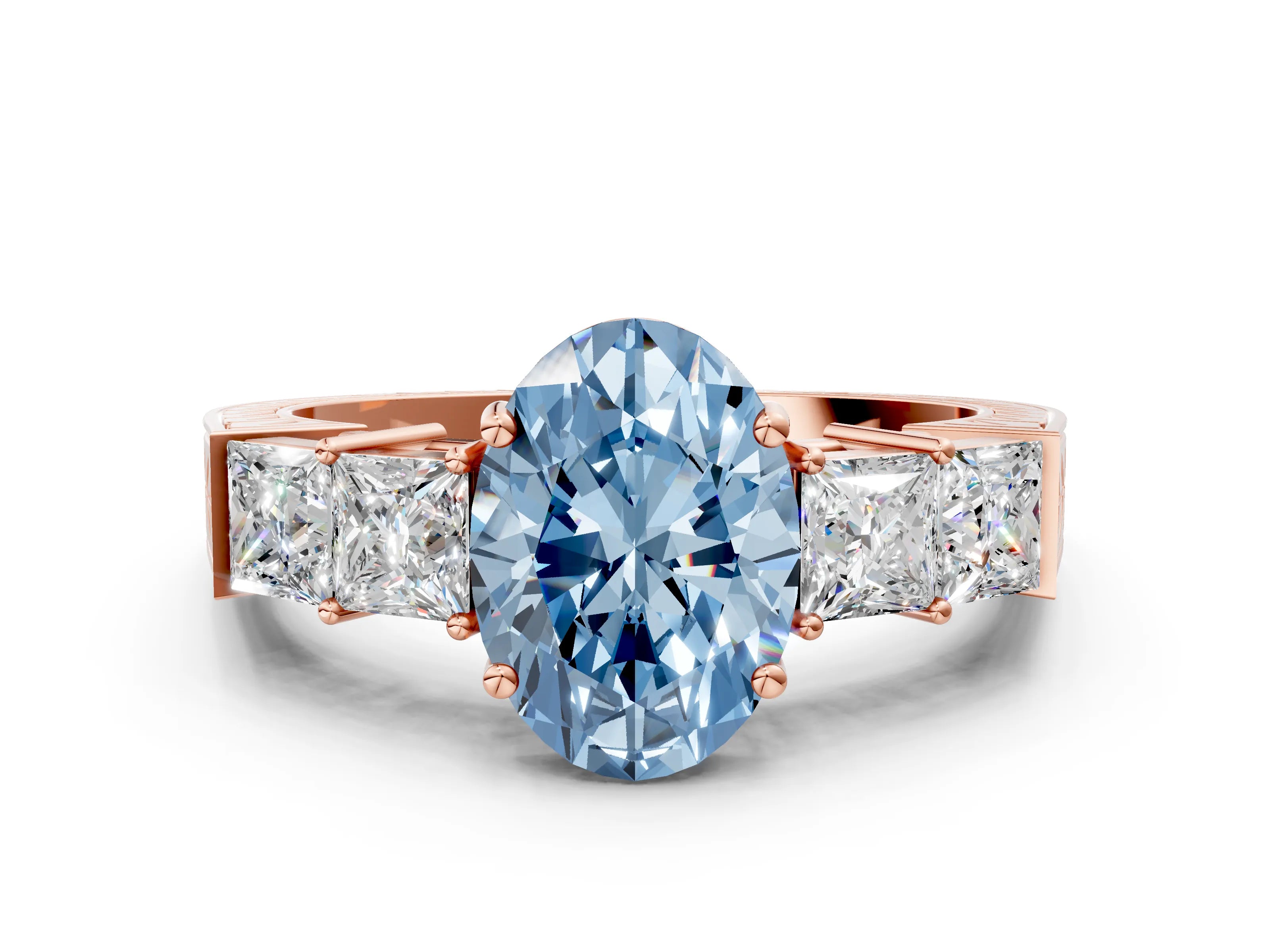 Rose gold Fancy Blue Oval Cut Solitaire Princess Side Stone Engraved Band Prong Setting Ring