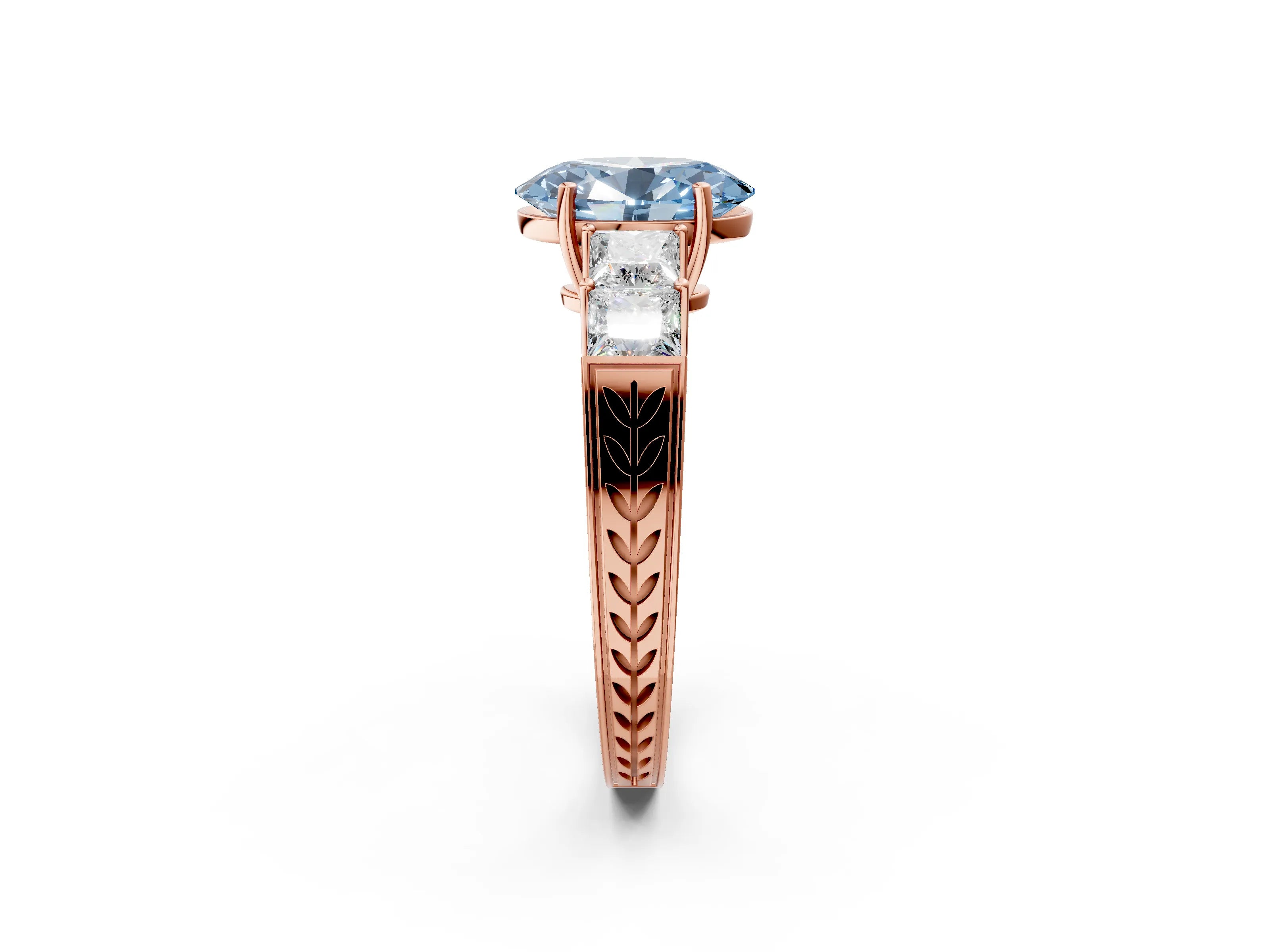 Rose gold Fancy Blue Oval Cut Solitaire Princess Side Stone Engraved Band Prong Setting Ring_2
