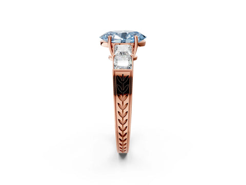 Rose gold Fancy Blue Oval Cut Solitaire Princess Side Stone Engraved Band Prong Setting Ring_2