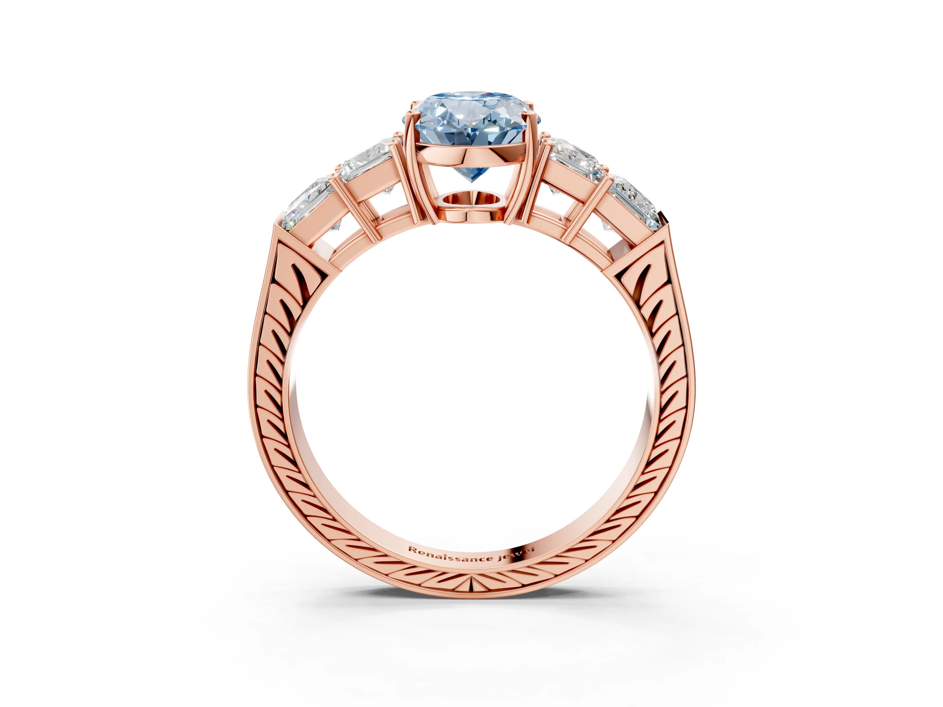 Rose gold Fancy Blue Oval Cut Solitaire Princess Side Stone Engraved Band Prong Setting Ring_3