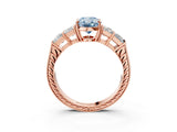 Rose gold Fancy Blue Oval Cut Solitaire Princess Side Stone Engraved Band Prong Setting Ring_3