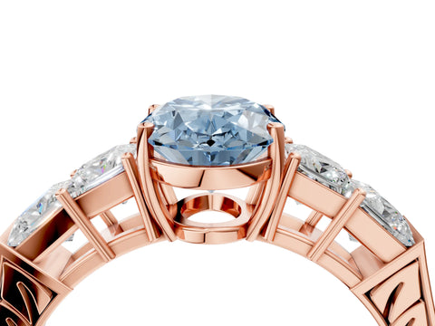 Rose gold Fancy Blue Oval Cut Solitaire Princess Side Stone Engraved Band Prong Setting Ring_4