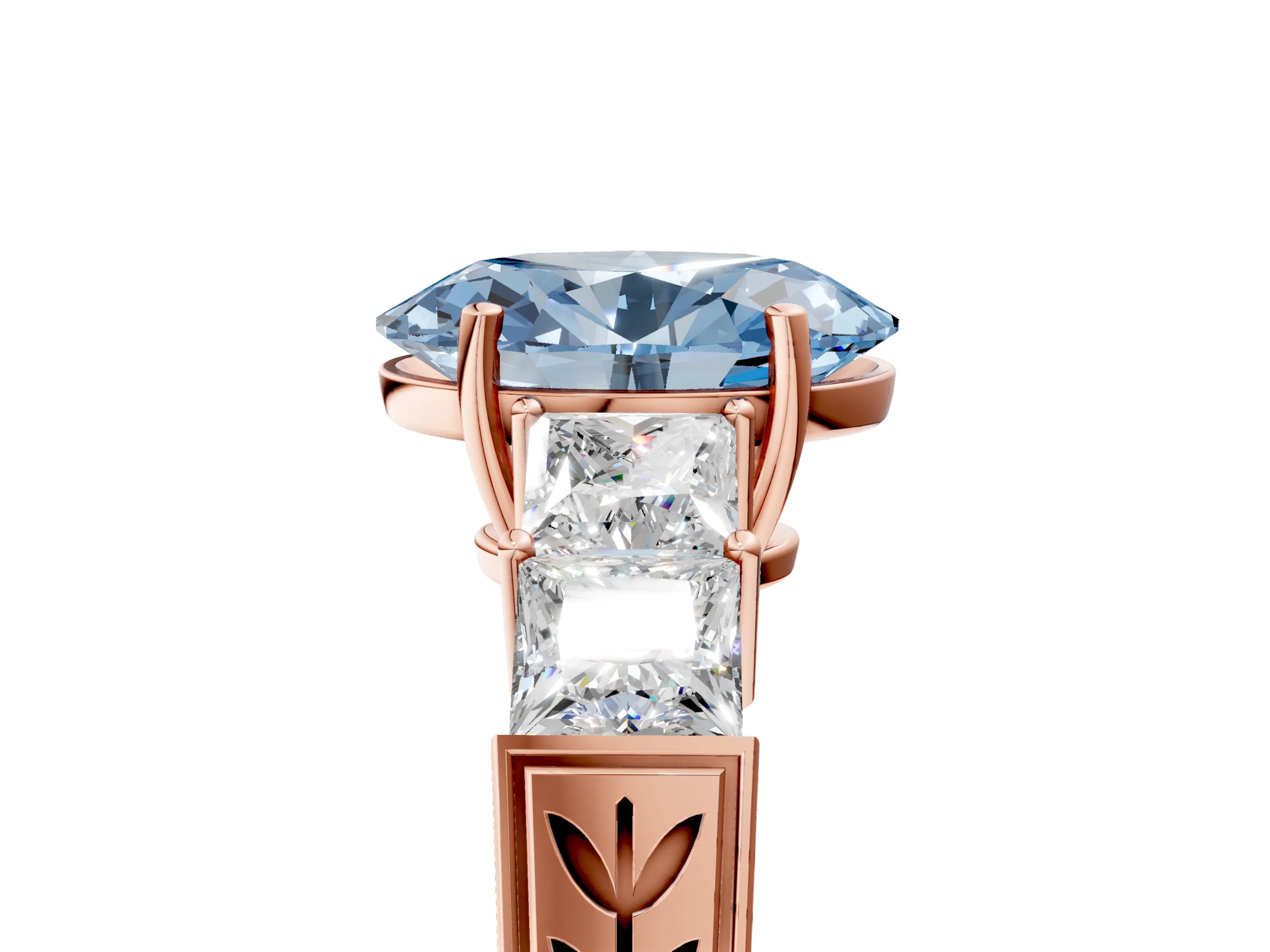 Rose gold Fancy Blue Oval Cut Solitaire Princess Side Stone Engraved Band Prong Setting Ring_5