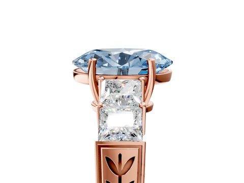 Rose gold Fancy Blue Oval Cut Solitaire Princess Side Stone Engraved Band Prong Setting Ring_5