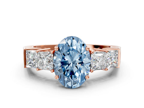 Rose gold Fancy Blue Oval Cut Solitaire Princess Side Stone Engraved Band Prong Setting Ring