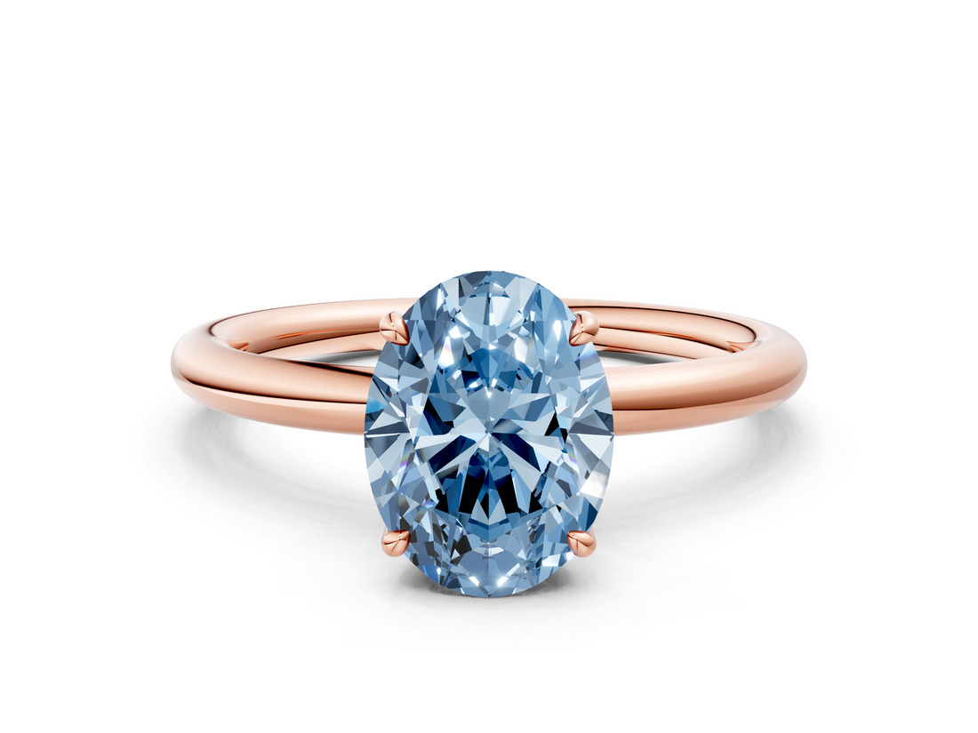 Rose gold Fancy Blue Oval  Cut Solitaire Ring with Thin Band and Four-Prong Setting_12