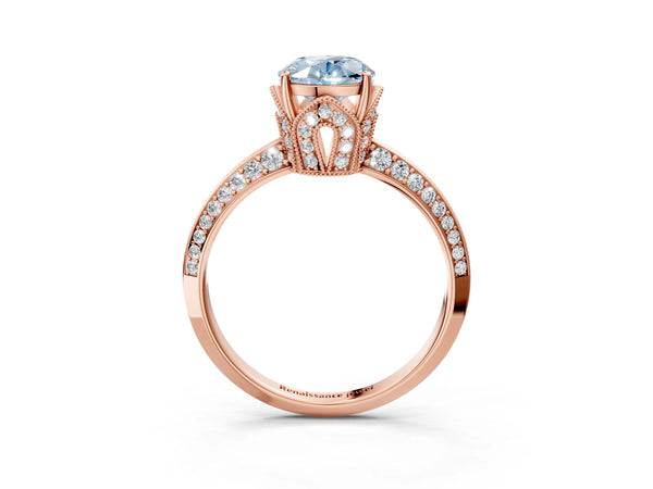 Rose Gold Oval Graduated Pave Engagement Ring Setting for Fancy Blue Center