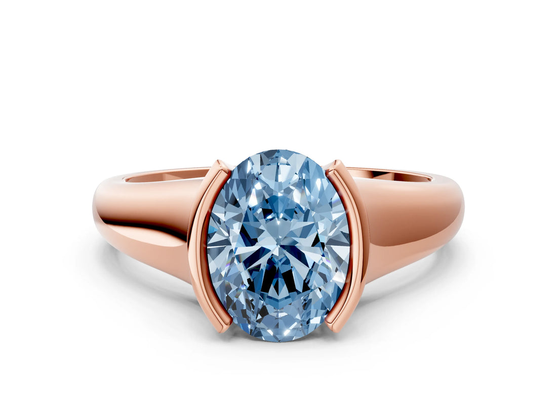 Rose gold Fancy Blue Oval Cut Solitaire Tension Set Diamond Ring with Split Shank Band