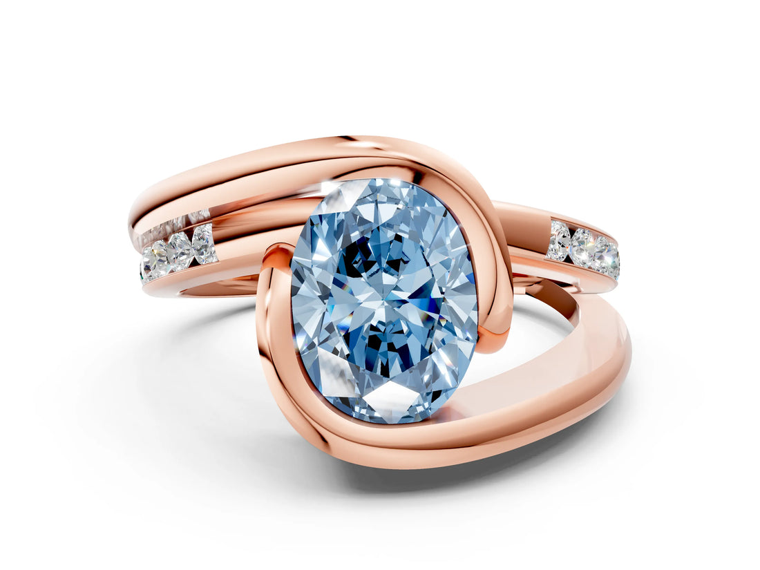 Rose gold Fancy Blue Oval Cut Solitaire Tension-Set Diamond Split Shank Ring