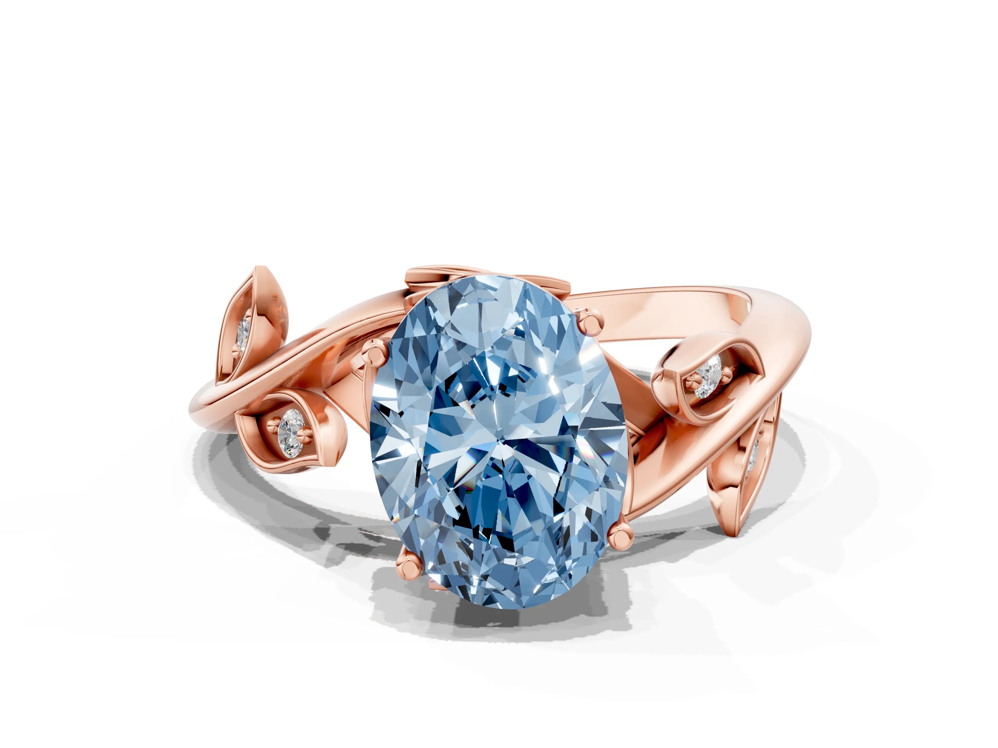Rose gold Fancy Blue Oval Cut Solitaire Twist Engagement Ring with Leaf Accents and Prong Setting_12