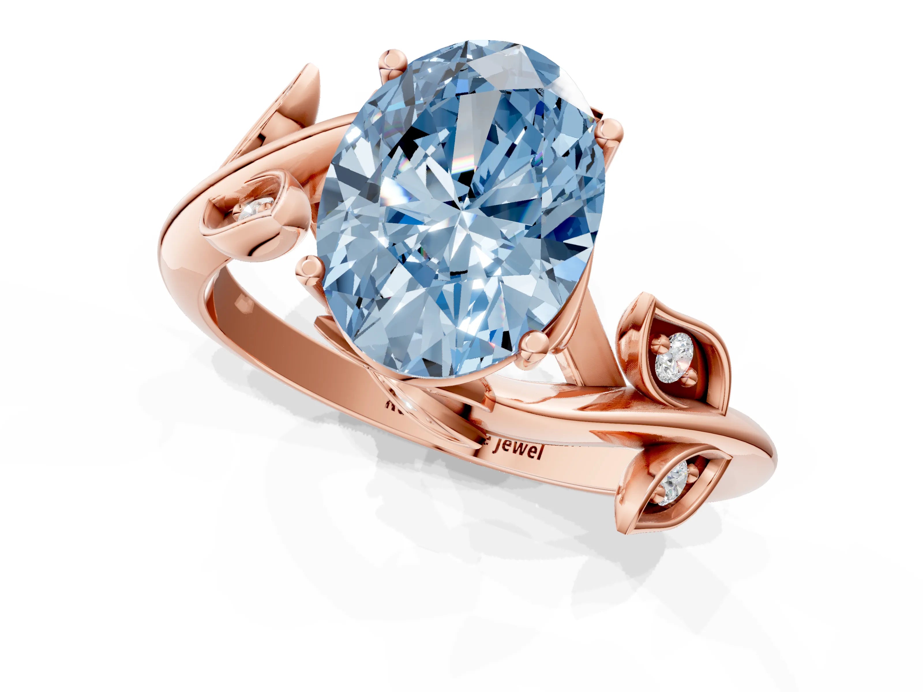 Rose gold Fancy Blue Oval Cut Solitaire Twist Engagement Ring with Leaf Accents and Prong Setting_13