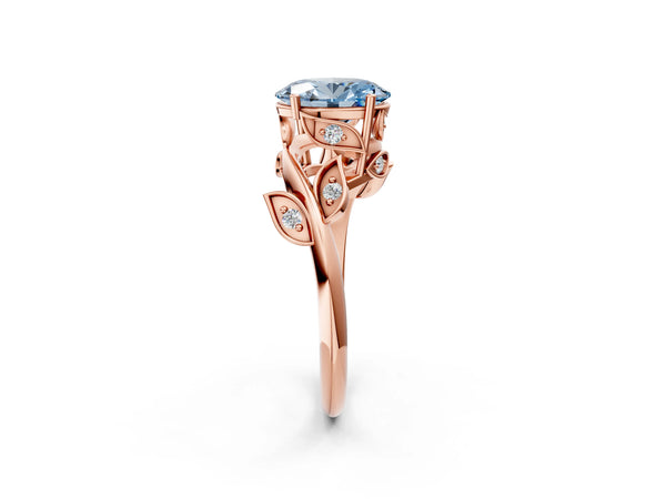 Rose gold Fancy Blue Oval Cut Solitaire Twist Engagement Ring with Leaf Accents and Prong Setting