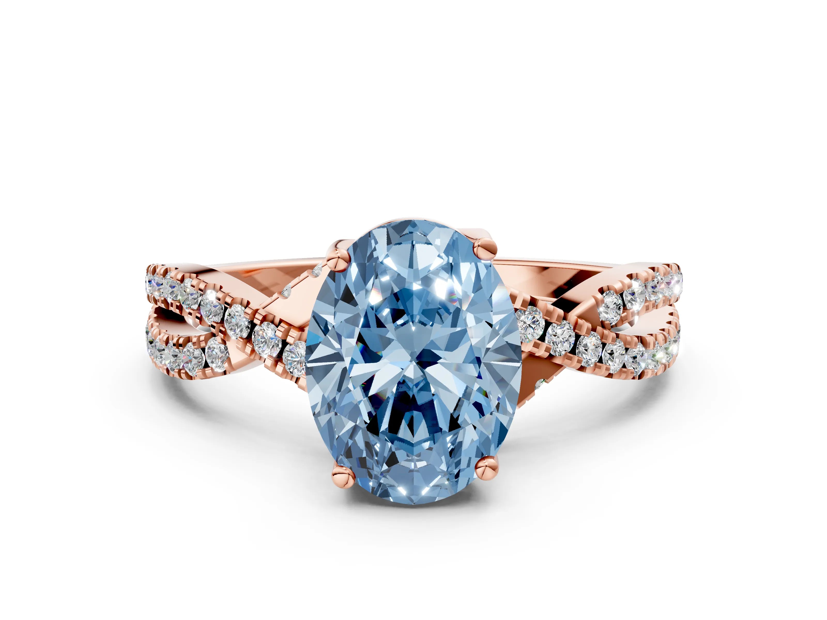 Rose gold Fancy Blue Oval Cut Solitaire Twist Pave Diamond Engagement Ring with Prong Setting