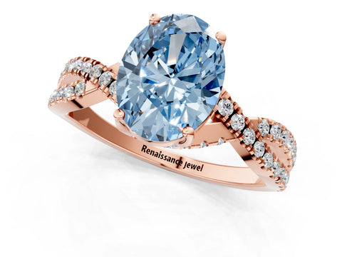 Rose gold Fancy Blue Oval Cut Solitaire Twist Pave Diamond Engagement Ring with Prong Setting_1
