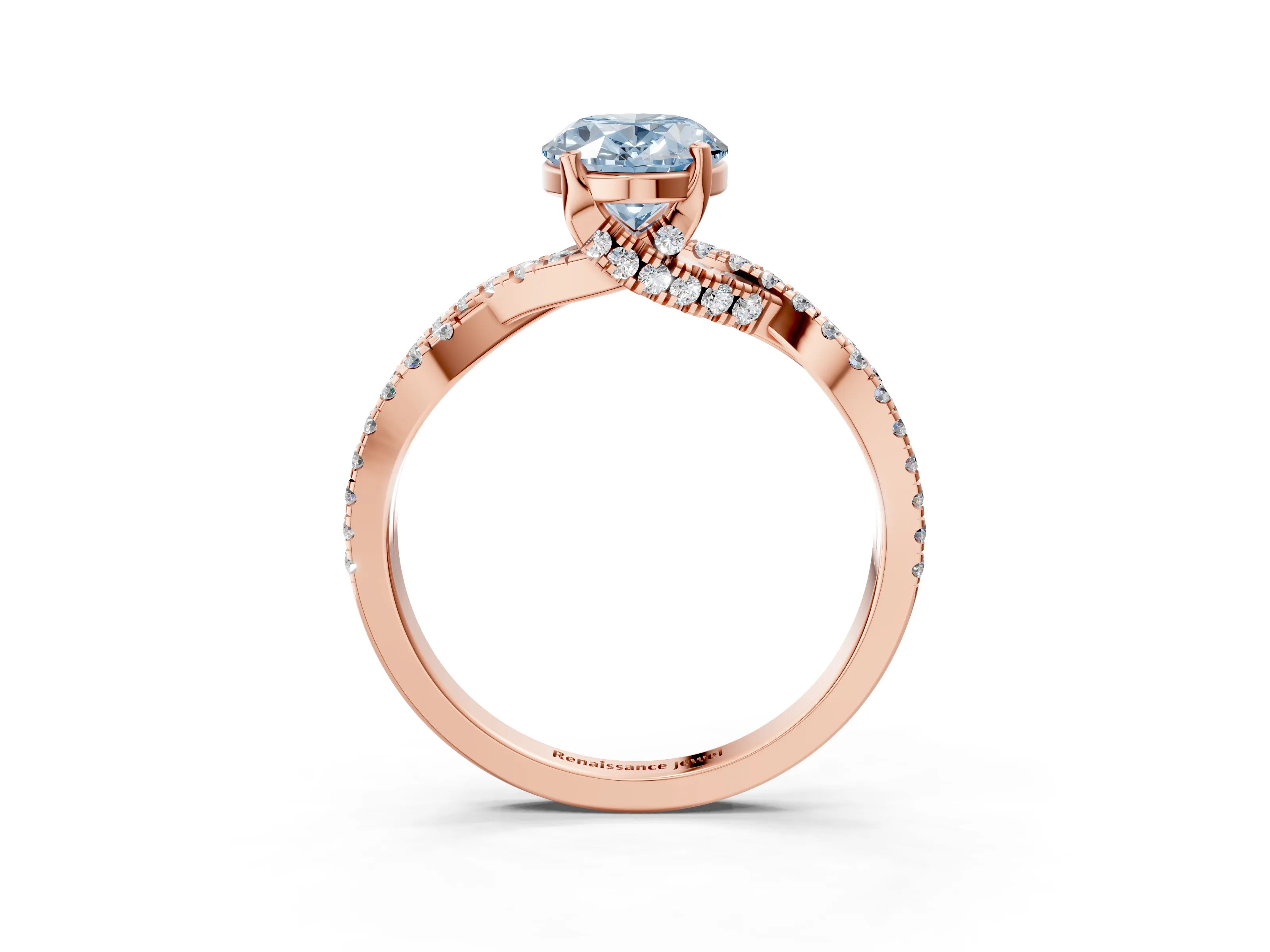 Rose gold Fancy Blue Oval Cut Solitaire Twist Pave Diamond Engagement Ring with Prong Setting_3