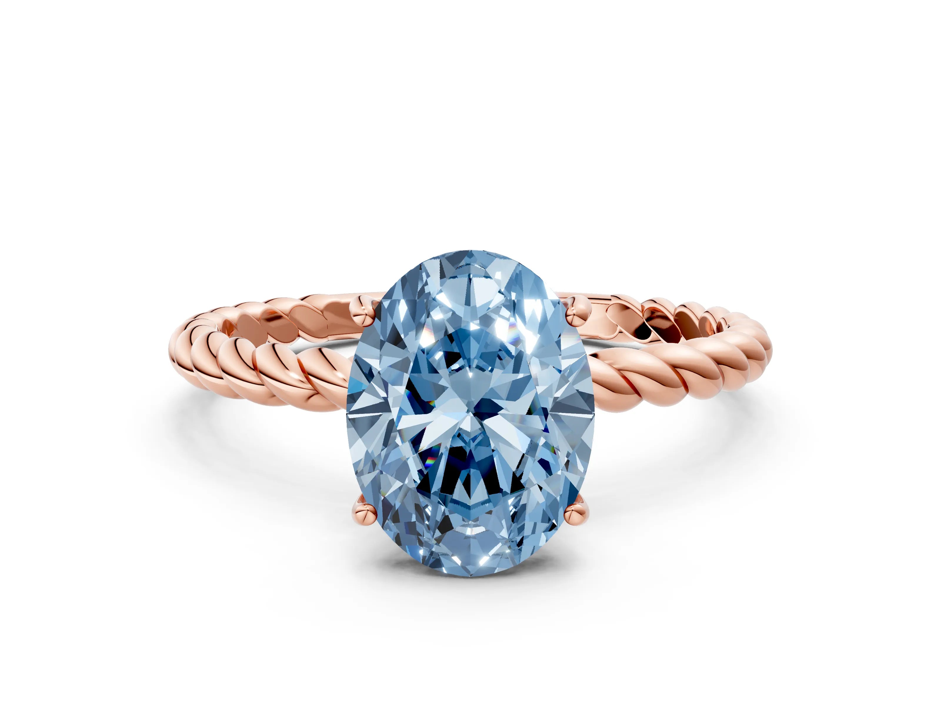 Rose gold Fancy Blue Oval Cut Solitaire Twisted Band 4-Prong Ring