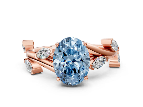 Rose gold Fancy Blue Oval Cut Solitaire Twisted Band Marquise Accent Prong Setting Ring