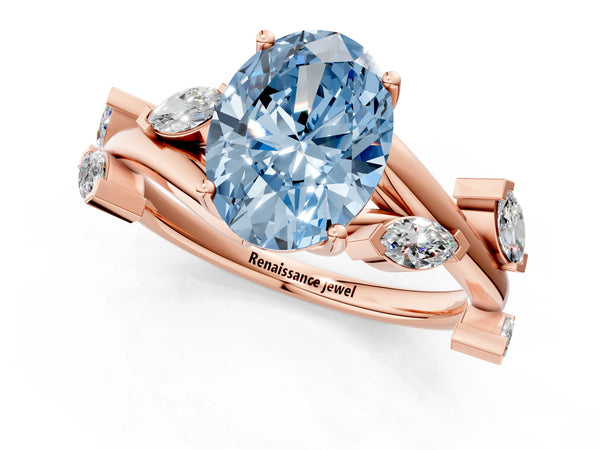 Rose gold Fancy Blue Oval Cut Solitaire Twisted Band Marquise Accent Prong Setting Ring