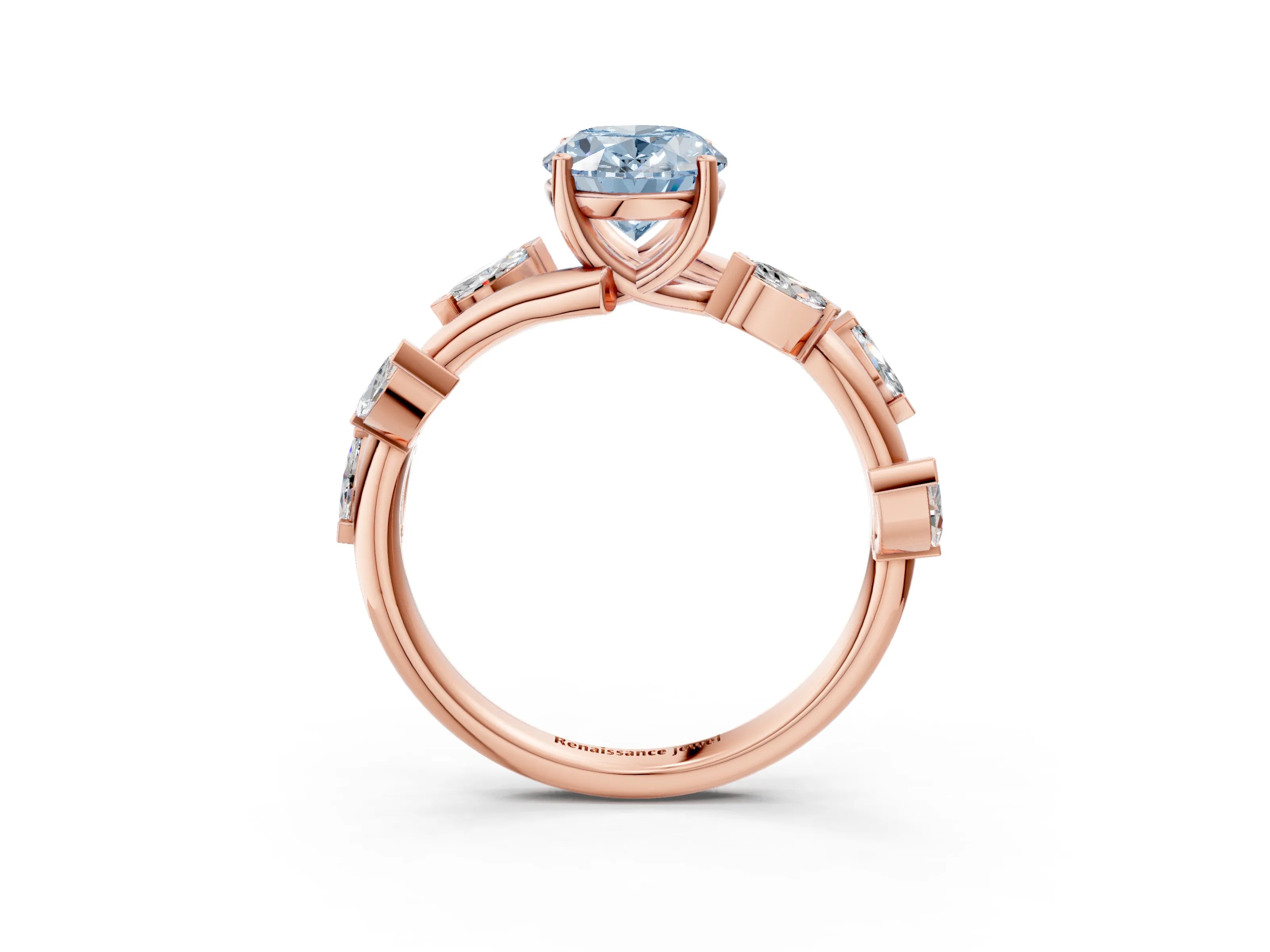 Rose gold Fancy Blue Oval Cut Solitaire Twisted Band Marquise Accent Prong Setting Ring_3