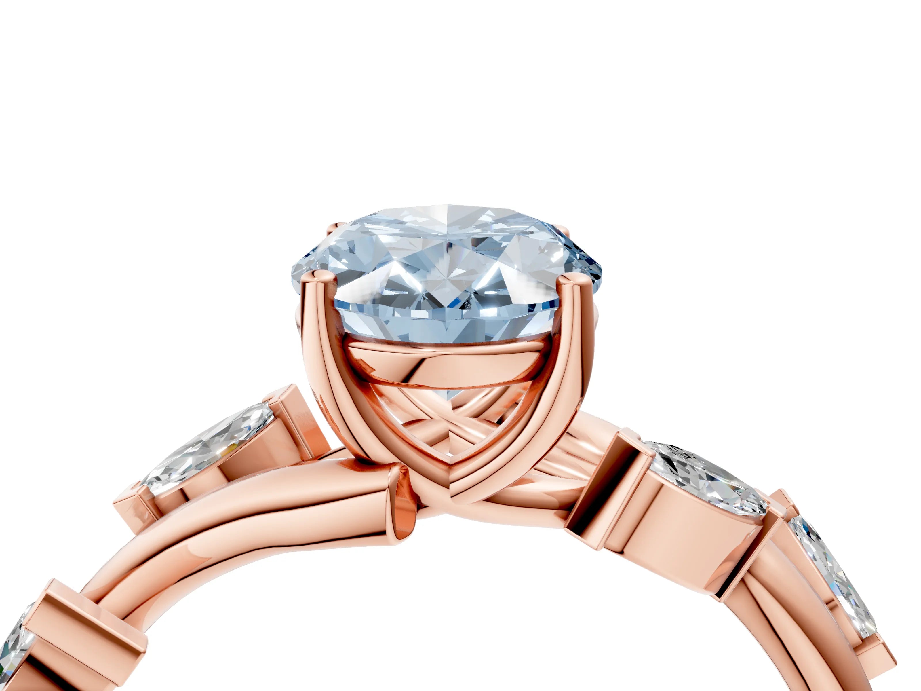 Rose gold Fancy Blue Oval Cut Solitaire Twisted Band Marquise Accent Prong Setting Ring_4