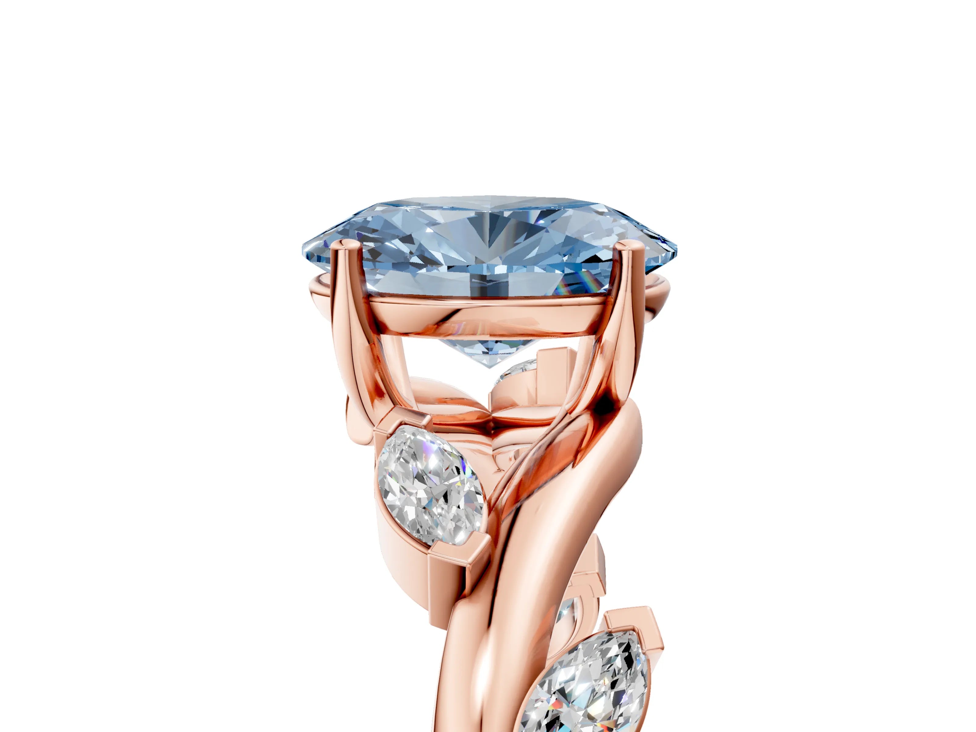 Rose gold Fancy Blue Oval Cut Solitaire Twisted Band Marquise Accent Prong Setting Ring_5