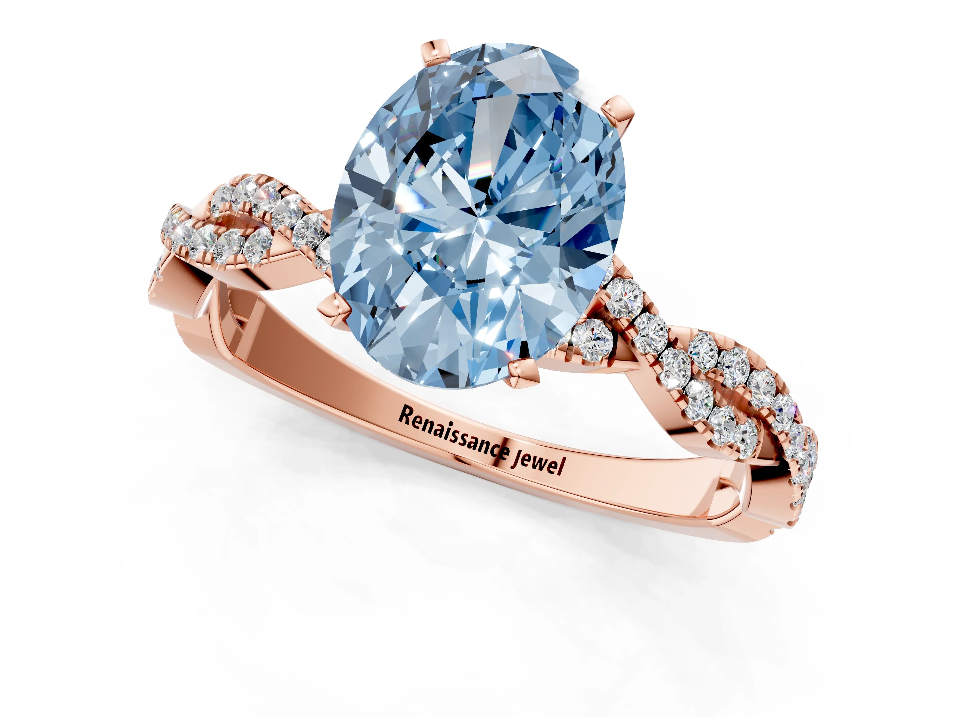 Rose gold Fancy Blue Oval Cut Solitaire Twisted Pave Band with Four-Prong Setting_4