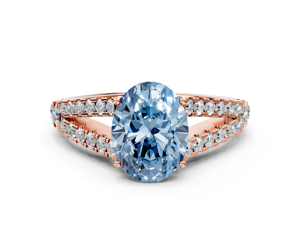 Rose gold Fancy Blue Oval  Cut Split Shank Pave Diamond Engagement Ring with Four-Prong Setting
