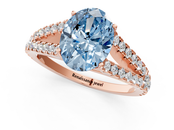 Rose gold Fancy Blue Oval  Cut Split Shank Pave Diamond Engagement Ring with Four-Prong Setting