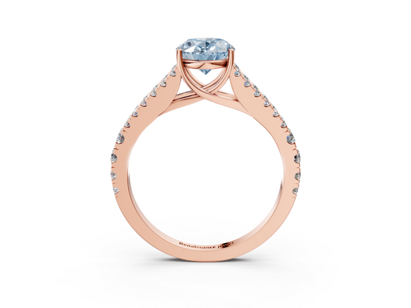 Rose gold Fancy Blue Oval  Cut Split Shank Pave Diamond Engagement Ring with Four-Prong Setting
