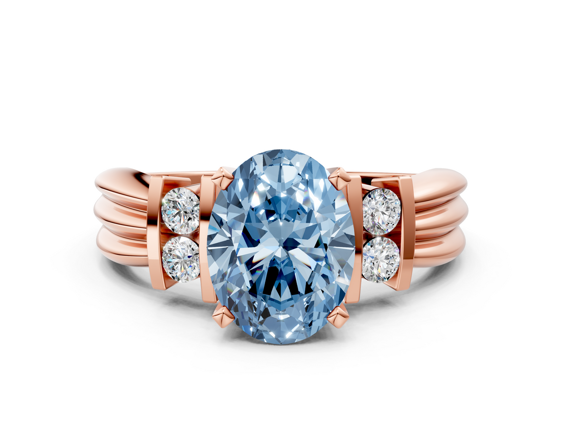 Rose gold Fancy Blue Oval  Cut Three-Stone Channel Set Ring with Bar Prongs_64