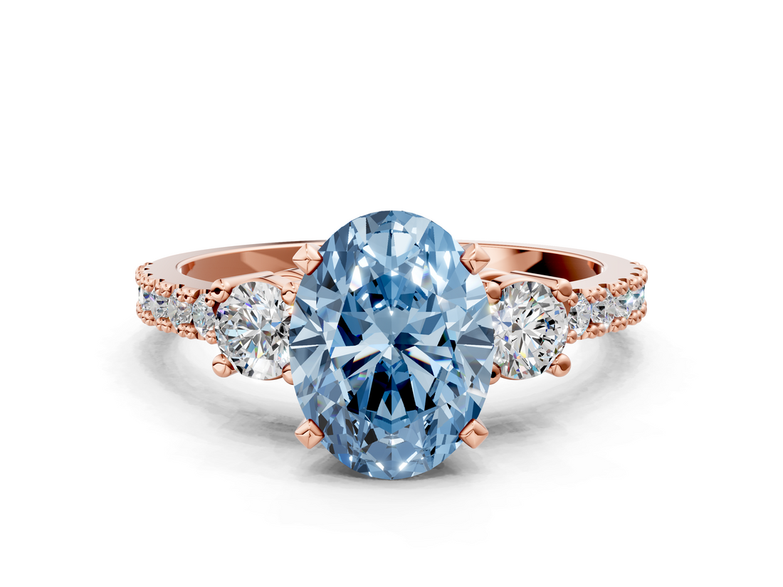 Rose gold Fancy Blue Oval  Cut Three-Stone Diamond Pavé Band with Prong Setting_17