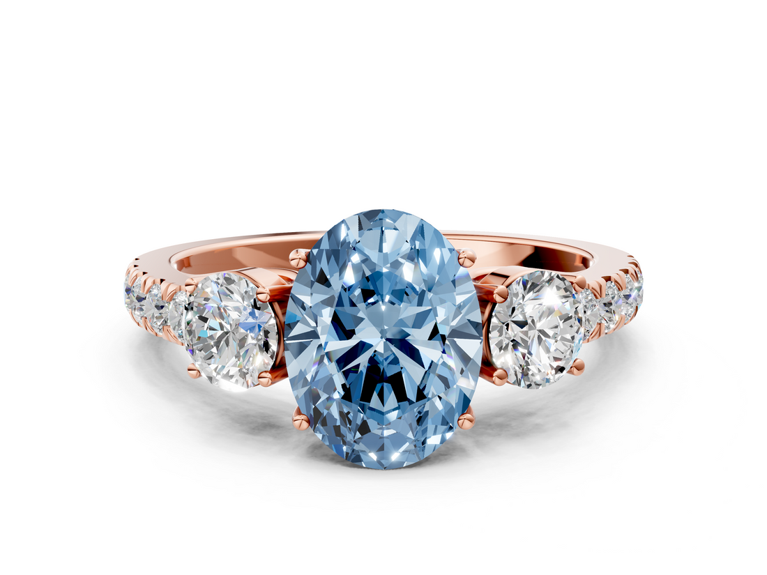 Rose gold Fancy Blue Oval  Cut Three-Stone Diamond Pave Band with Prong Setting_37
