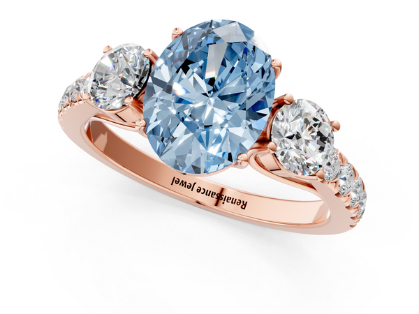 Rose gold Fancy Blue Oval  Cut Diamond Three-Stone Ring with Round Side Stones and Pavé Band
