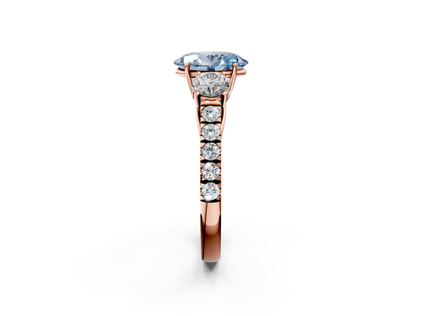 Rose gold Fancy Blue Oval  Cut Diamond Three-Stone Ring with Round Side Stones and Pavé Band