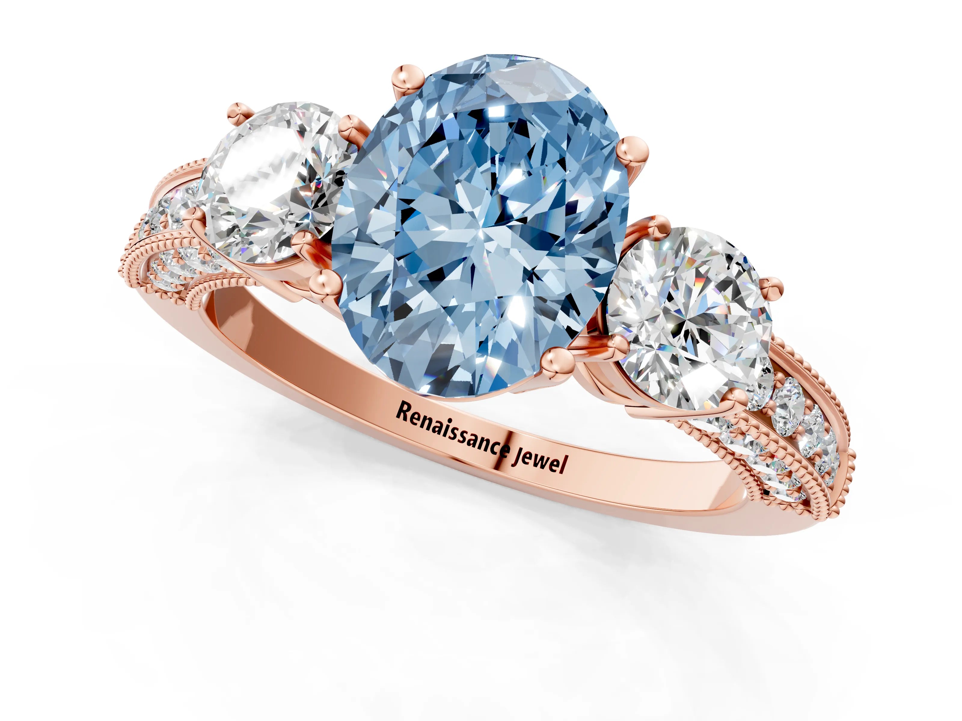 Rose gold Fancy Blue Oval Cut Three-Stone Diamond Ring with Pavé Band and Four-Prong Setting_1
