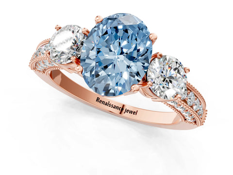 Rose gold Fancy Blue Oval Cut Three-Stone Diamond Ring with Pavé Band and Four-Prong Setting_1