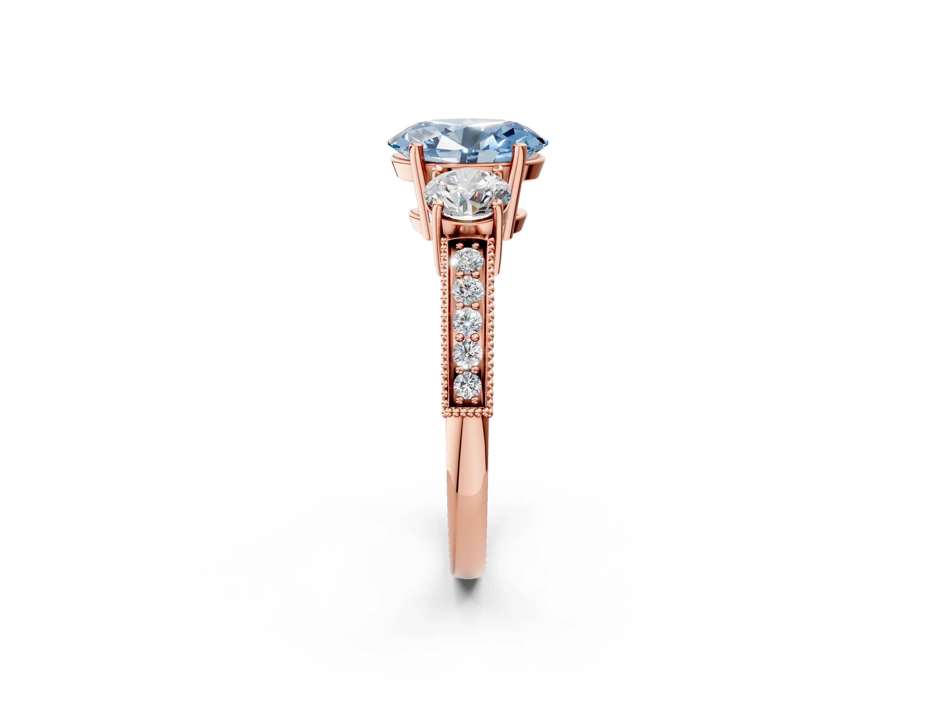 Rose gold Fancy Blue Oval Cut Three-Stone Diamond Ring with Pavé Band and Four-Prong Setting_2